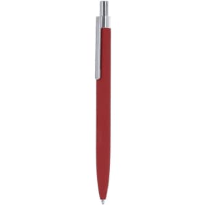 A red metal pen with a silver clip, featuring a sleek and minimalist design. The pen has a logo on its body.