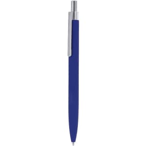 A metal pen in a vibrant blue colour with a silver clip and tip. It features a sleek, smooth design and a logo.