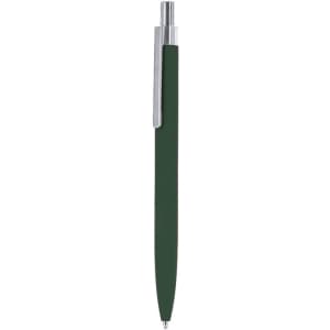 A green metal pen with a silver clip, featuring a sleek design and a subtle logo.