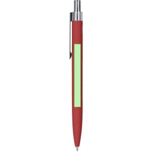 A metal pen in red with a green accent and a silver clip, featuring a branding logo.