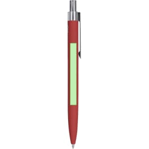 A red metal pen with a green section and a silver clip, featuring a branding logo.