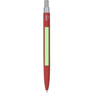 A metal pen with a red body and a green accent, featuring a logo on the barrel.