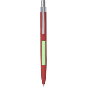 A metal pen in red with a silver clip and a green section. The pen features a logo.