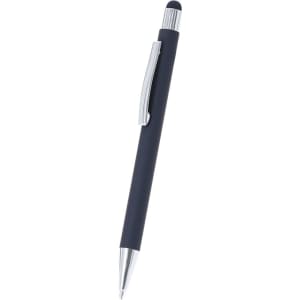 A black stylus touch ball pen with a silver clip and tip, featuring a logo on the barrel.