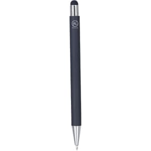 A stylus touch ball pen with a sleek navy blue body and silver accents, featuring a logo.