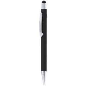 A black stylus touch ball pen with a silver clip and a sleek design. It features a logo on the body.