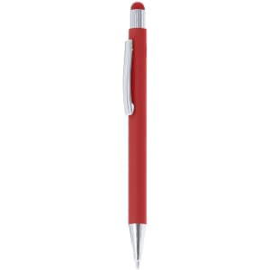 A red stylus touch ball pen with a chrome clip and a smooth finish, featuring a stylus tip on top.