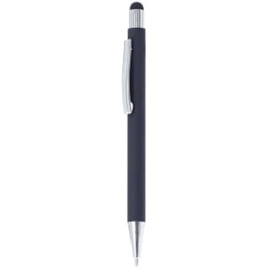 A sleek black stylus touch ball pen with a silver clip and tip, featuring a logo on the barrel.