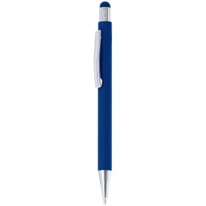 A blue stylus touch ball pen with a silver clip and tip. It features a logo on the barrel.
