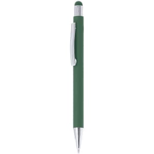 A green stylus touch ball pen with a silver clip and tip, featuring a branding logo.