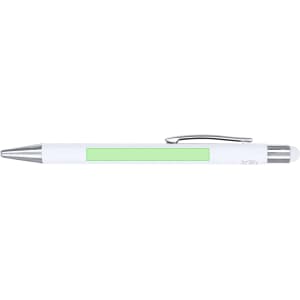 A white ballpoint pen with a green accent and a stylus tip, featuring a silver clip and trim.