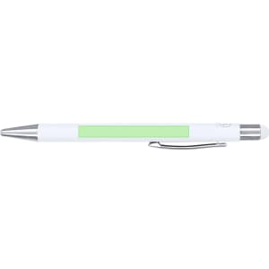 A white ballpoint pen with a green grip and stylus tip, featuring a silver clip and detailing.