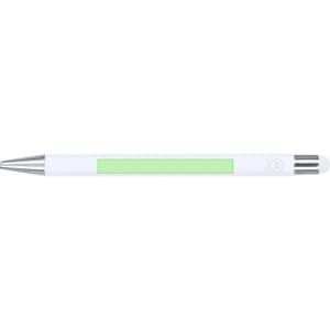 A white stylus touch ball pen with a green grip and silver accents, featuring branding on the barrel.