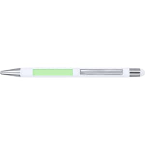 A white ballpoint pen with a green accent and a silver clip, featuring a stylus tip.