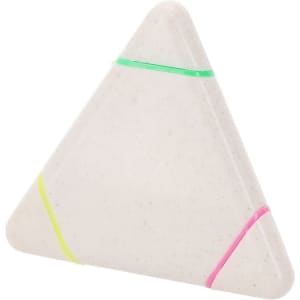 A triangular highlighter with pink, yellow, and green sections, featuring a textured white body and a logo.