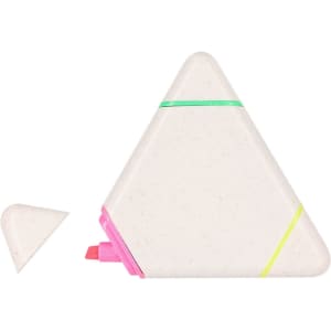 A triangular highlighter in cream with pink, green, and yellow bands, featuring a removable cap.