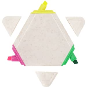 A hexagonal highlighter set in white with pink, yellow, green, and orange tips, featuring additional triangular highlighters.
