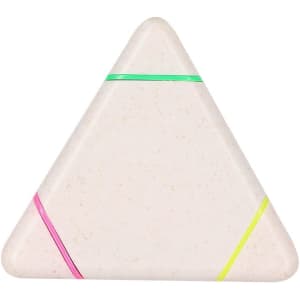 A triangular highlighter in white with pink, green, and blue stripes and a branding logo.