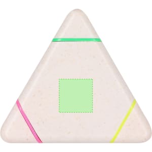 A triangular highlighter with pink, green, and yellow stripes, featuring a square area on the front. It has a branding logo.