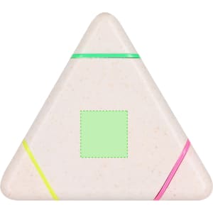 A triangular highlighter in shades of pink, yellow, and green. The product has a smooth surface and features a logo.