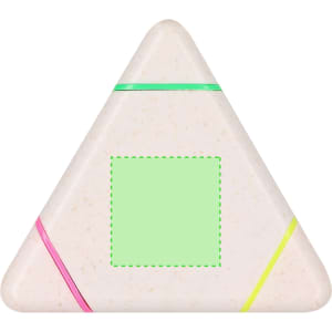 A triangular highlighter in pastel pink, featuring vibrant green, yellow, and pink stripes, with a blank square area.