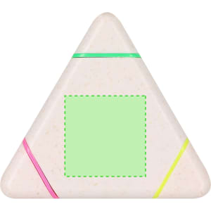 A triangular highlighter in cream with pink, green, and yellow bands. It features a blank green square area.