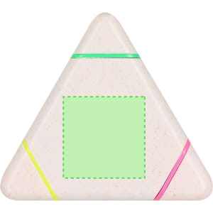 A triangular highlighter with pink, yellow, and green stripes, featuring a blank green square on the side.