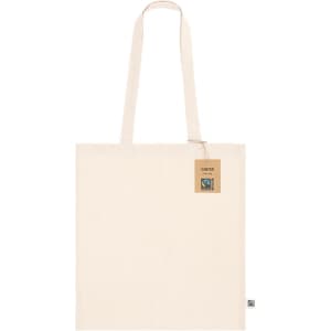 A cream-coloured tote bag with long handles and a tag, featuring a small logo.