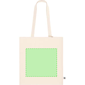 A cream tote bag with long handles featuring a blank green square for custom designs. It has a logo on the side.