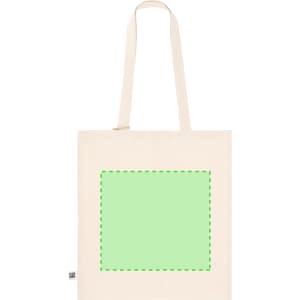 A cream tote bag with two handles and a plain green panel for custom designs. It features a logo.