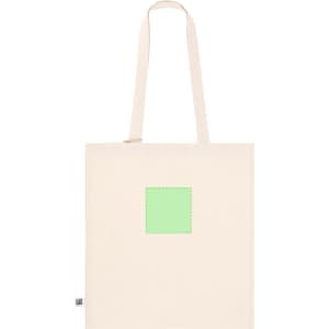 A beige tote bag with two handles and a blank green square for customisation. It features a logo on one side.