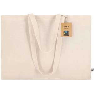 A cream-coloured tote bag with long handles and a tag, featuring a logo.