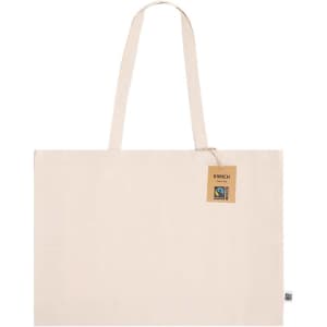 A light beige tote bag with two handles and a tag, featuring a logo on one side.