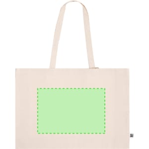 A large beige tote bag with two handles and a blank green rectangle in the centre. It features a logo.