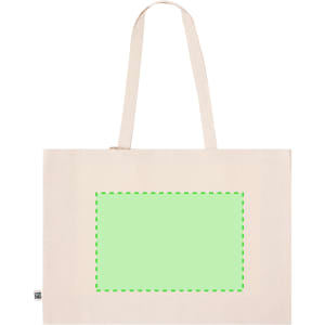 A cream tote bag with long straps and a blank green area for customization, featuring a logo.