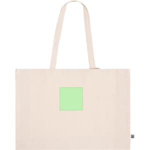 A beige tote bag with two handles featuring a plain green square on the front and a logo on the side.