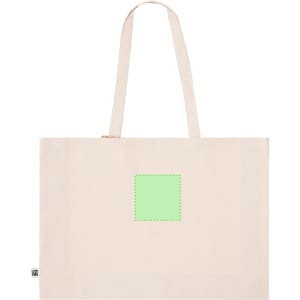 A cream-coloured tote bag with two handles and a square panel in the centre, featuring a logo.