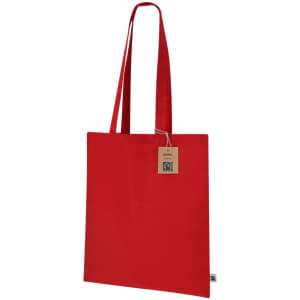 A red tote bag with sturdy straps and a tag, featuring a logo. Ideal for carrying items.