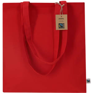 A red tote bag with long handles and a tag, featuring a logo. It has a simple, clean design.
