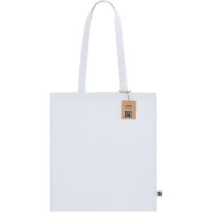 A white tote bag with long handles and a tag attached, featuring a logo on the side.