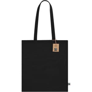 A black tote bag with long handles and a tag, featuring a small logo on the side.