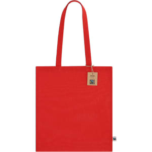 A red tote bag with long handles and a tag, featuring a logo at the bottom.