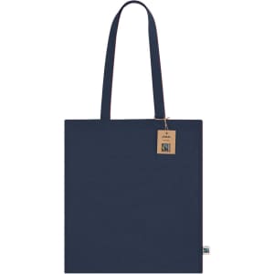 A navy tote bag with a simple design and two shoulder straps. It has a small tag and a logo on the side.