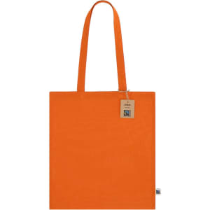 An orange tote bag with long handles and a brand tag. Simple and spacious design.