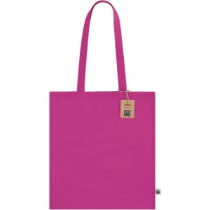 A pink tote bag with long handles and a tag featuring a logo. The bag has a simple, solid design.