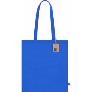 A bright blue tote bag with two shoulder straps and a small tag. It has a simple, solid design.