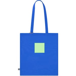A blue tote bag featuring a green square shape and shoulder straps. It has a logo on one side.