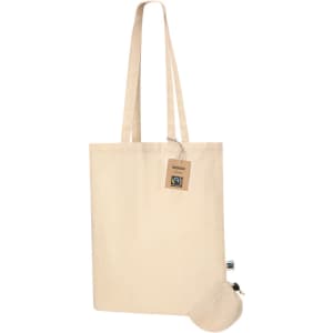 A cream tote bag with long handles and a small pouch, featuring a tag and a logo.
