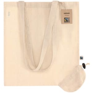 A beige foldable tote bag with a pouch, featuring a logo and a hang tag.