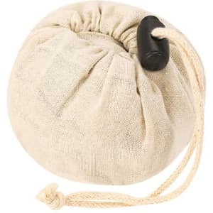 A cream-coloured foldable bag with a drawstring closure, featuring a black toggle and a compact design.